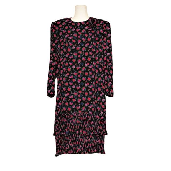 Floral Dress, Flapper Style Shift, Size 14, Rosette Pin, 80s Dress, Pleated Laye - Picture 1 of 15